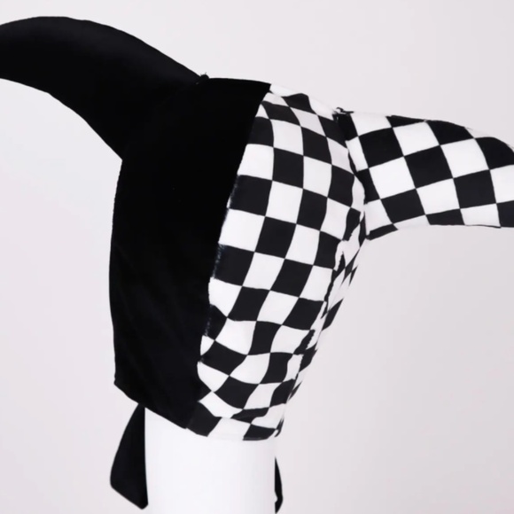 NWOT Harlequin Jester Hat โ Black Checkered Clown Cap Cosplay Joker Mardi Gras - Picture 4 of 5